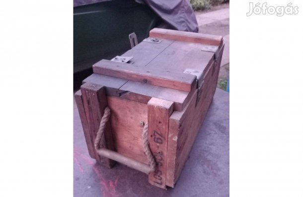 Retro erős katonai fa lőszeres doboz hordfüllel foxpost is