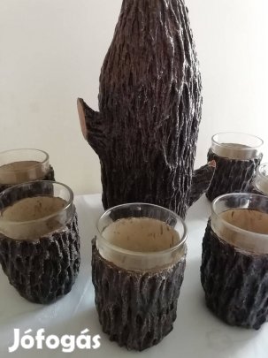 Retró fatörzs üveg boros készlet új állapotban