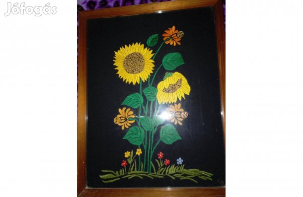 Retró hímzett napraforgós falikép
