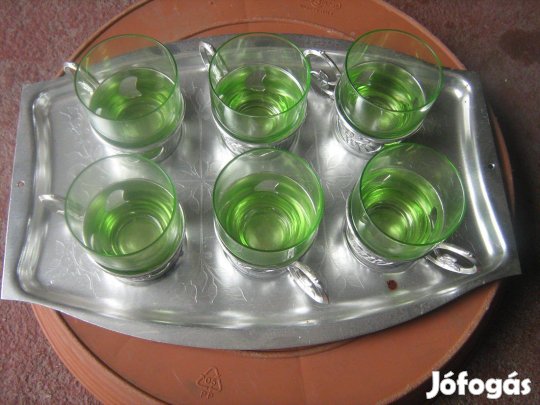 Retro kávés készlet 70-es évek hőálló pohár fém tartóba mintás tálcán