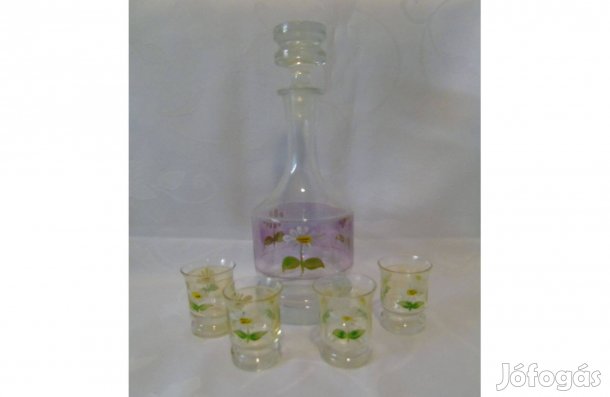 Retro kézzel festett margarétás pálinkás üveg + 4 darab pohár egyben