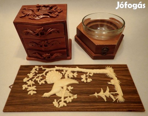 Retró kínai mini fiókos szekrény ékszertartó kínáló tál fa bakelit kép