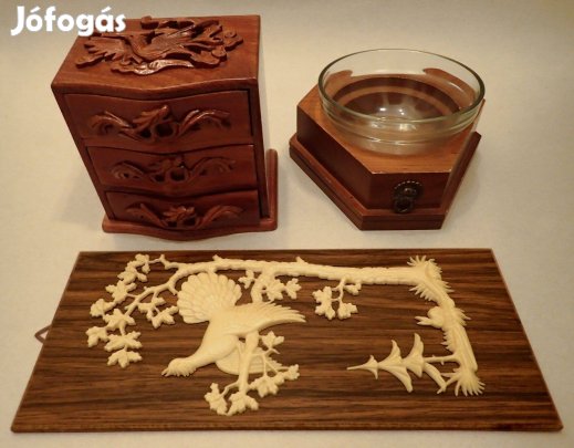 Retró kínai mini fiókos szekrény ékszertartó kínáló tál fa bakelit kép