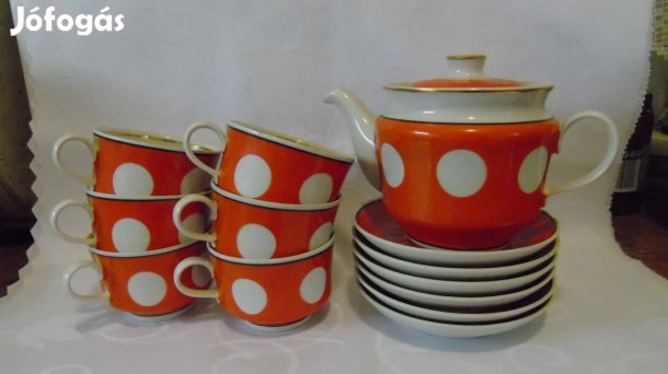 Retro narancs színű fehér pöttyös porcelán teáskészlet 13 db