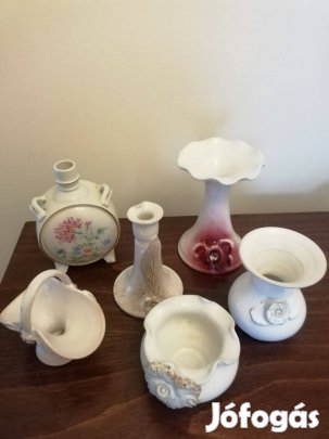 Retró porcelán, kerámia váza, gyertyatartó, kosár, kulacs csomag