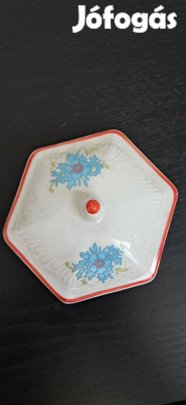 Retró porcelán bonbonier Kék virágmintás ékszertartó doboz