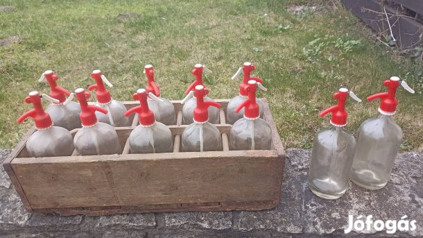 Retró szódásüveg szifonfejjel, fa rekesszel - 12 db