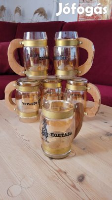Retró szovjet söröskorsó készlet Poltava Ritka borostyánüveg fa füllel