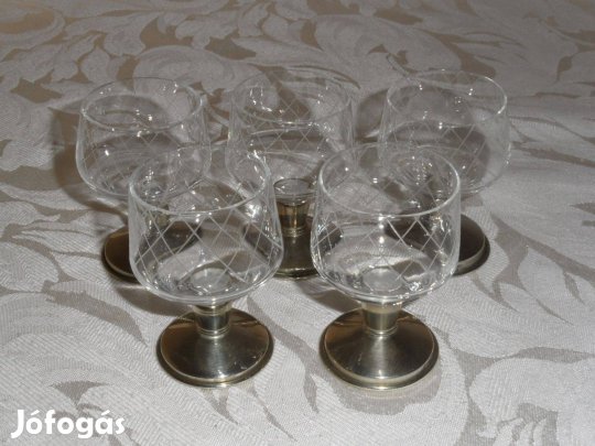 Retro talpas alpakka-üveg likőrös pohár ( 5 db. )