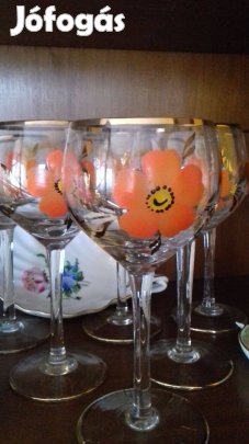 Retro talpas boros üvegpohár készlet kézi festéssel 70-es évek 6db