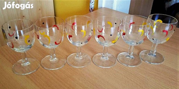 Retro talpas üvegpohár készlet, festett mintás