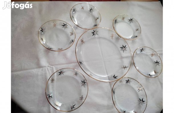 Retró üveg (könnyű jénai) arany szegélyű süteményes készlet