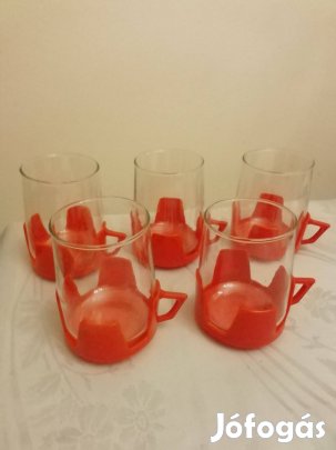 Retró üveg-műanyag tartóban boros pohár készlet