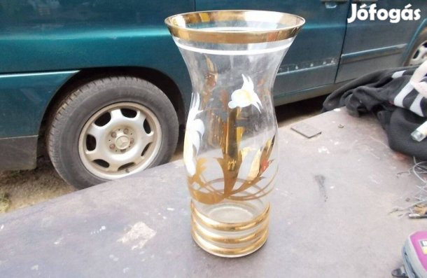 Retro üveg váza aranyozott szélű festett minta