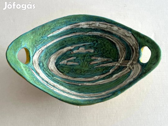 Retro vintage Gorka Lívia zöld tálka, kerámia tál, asztalközép, kínáló
