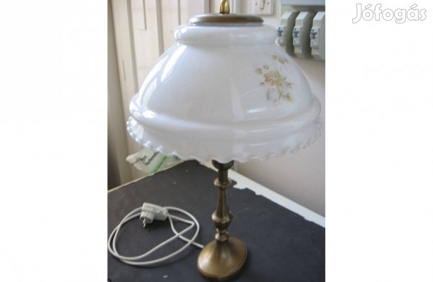 Réz asztali lámpa, porcelán búrával