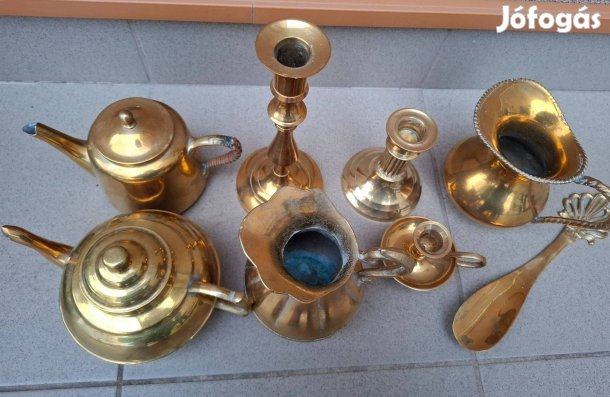 Réz tárgyak (kanna, gyertyatartó, cipőkanál)