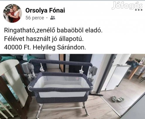 Ringatható, zenélő babaöböl. Félévet használt, jó állapotban eladó