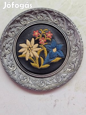 Ritka Alpesi Ón Dísztányér - Hímzett Bőr Betét, Angyalkás Jellel!