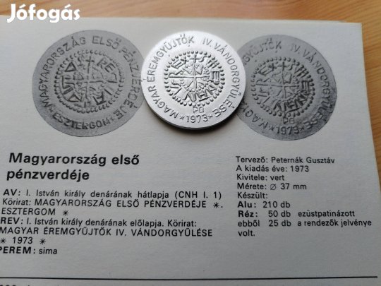 Ritka Peternák érem Magyarország Első Pénzverdéje 1973-as ri
