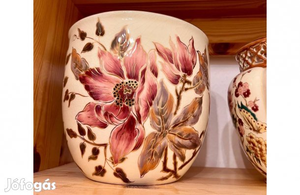 Ritka Zsolnay kézzel festett porcelán virágcserép (nagy méret)