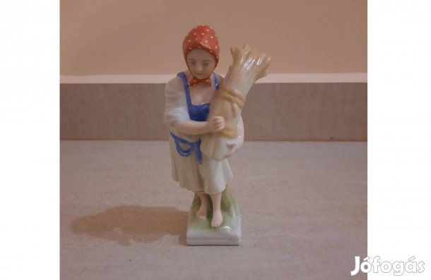 Ritka, Antik Herendi rőzse hordó, rőzsét cipelő lány porcelán figura