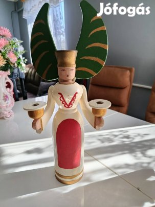 Ritka, nagyméretű Erzgebirge fa angyal gyertyatartó (48 cm)