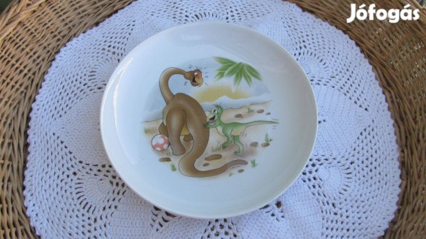 Ritka, régi, jelzett porcelán dinómintás gyerek tányér