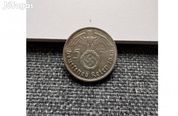 Ritka birodalmi ezüst 5 márka (Reichsmark) - 1938 F (#1)