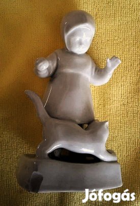 Ritka fehér mázas Zsolnay Annuska cicával, nem hibátlan