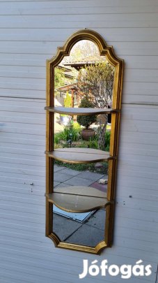 Ritka forma, arany fali tükör 3 polccal 100×33 cm