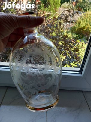 Ritka üveg gravírozott csiszolt likőrös készlet vadász jelenetes