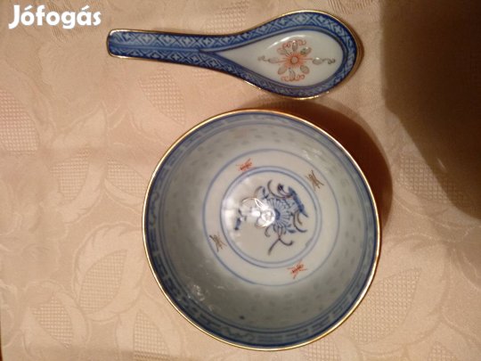 Rizsszemes kínai porcelán rizses tál kanállal