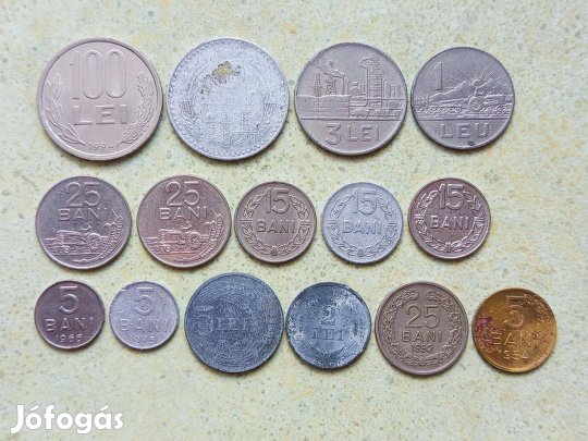 Románia 15 db Különböző Érme 5 25 Bani 1 2 3 5 100 Lej Lei 1941-1993
