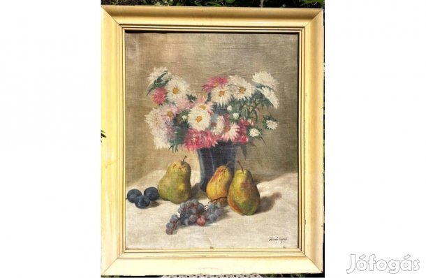 Romek Árpád asztali csendélet virágokkal gyümölcsökkel festmény régi