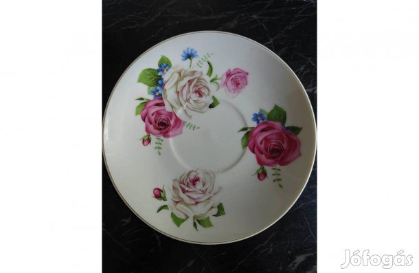 Rózsás porcelán kistányér, Teás csészealj 6 db. R. K. jelzéssel