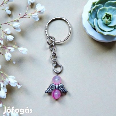 Rózsaszín achát angyal kulcstartó