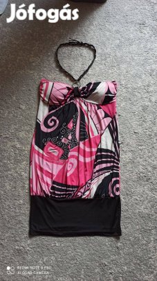 Rózsaszín fekete mintás nyakba akasztós ruha