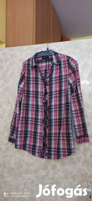 Rózsaszín kék kockás hosszú ujjú vékony vászon blúz