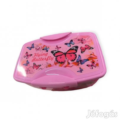Rózsaszín pillangós uzsonnás doboz lányoknak 1,1 L evőeszközökkel