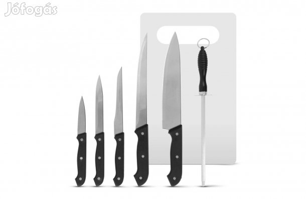 Rozsdamentes acél Konyhai késkészlet / 5 féle kés + élező + vágódeszka