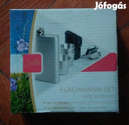 Rozsdamentes acél laposüveg készlet poharakkal és tölcsérrel új