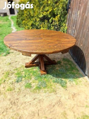 Rusztikus, kültéri, kerek étkezo asztal, tömörfa kerti ebédlőasztal