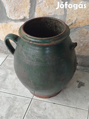 Rusztikus, zöld mázas, kézműves kerámia bödön eladó