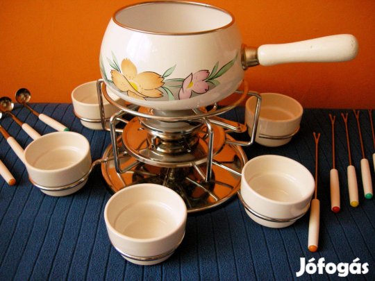 Sajtfondü,zománcos edény,porcelán 6 db pohárral,új!/48