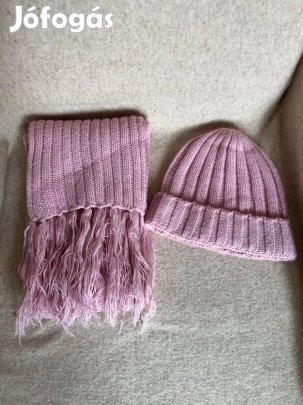 Sál + sapka szett, női, rózsaszín