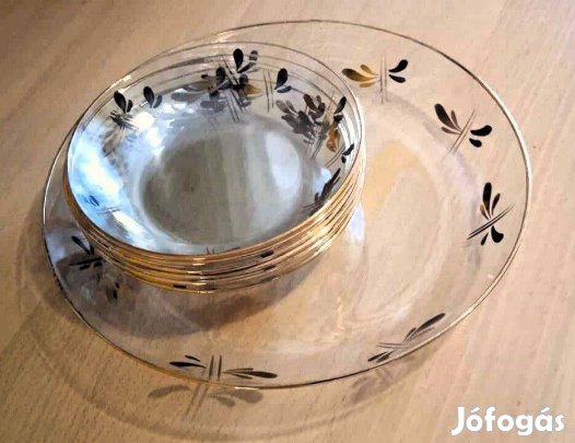 Salgótarjáni arany-fekete díszes, régi süteményes üvegkészlet