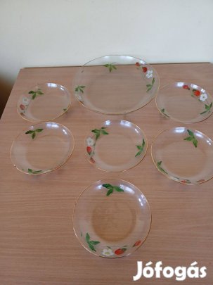 Salgótarjáni üveg tál készlet eper szamóca, mintával