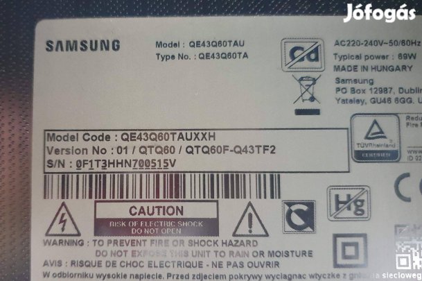 Samsung QE43Q60TAU LED tv hibás törött alkatrésznek UHD 4K