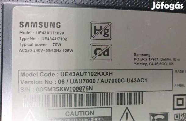 Samsung UE43AU7102K LED tv hibás törött alkatrésznek UE43AU7102